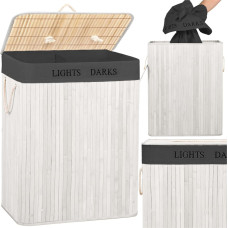 Springos Bambusa veļas grozs ar vāku Springos HA7505 105 l, divkameru, balts, pelēks