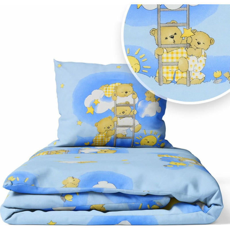 Ankras gultas veļas komplekts no 2 daļām - 135x100, 40x60 - BEAR on the LADDER - BLUE