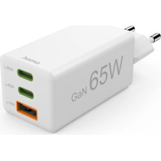 Hama 00201996 Fast Charger GaN, 2x USB-C, 1x USB-A, Mini Charger, PD, 65W, White