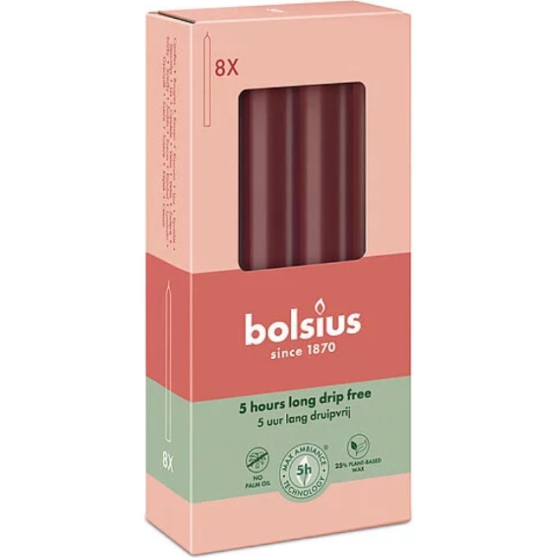 Bolsius Galda sveces 8gab.kastē 170/20mm tum&scaron;i sarkanas