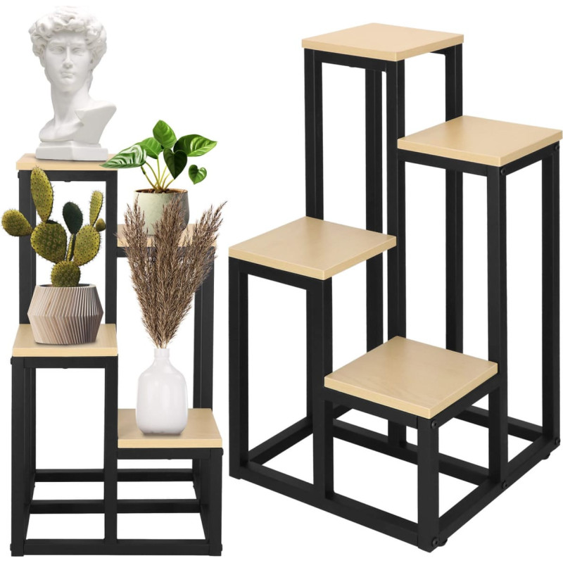 Springos Metāla puķu statīvs ar 4 plauktiem Springos GA0206, 67,5 cm, loft stils, melns/gaiši brūns