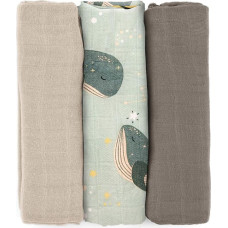 Petite&Mars 415368 Zestaw pieluszek z muślinu bambusowego 3 szt 68x68 cm Whale Song