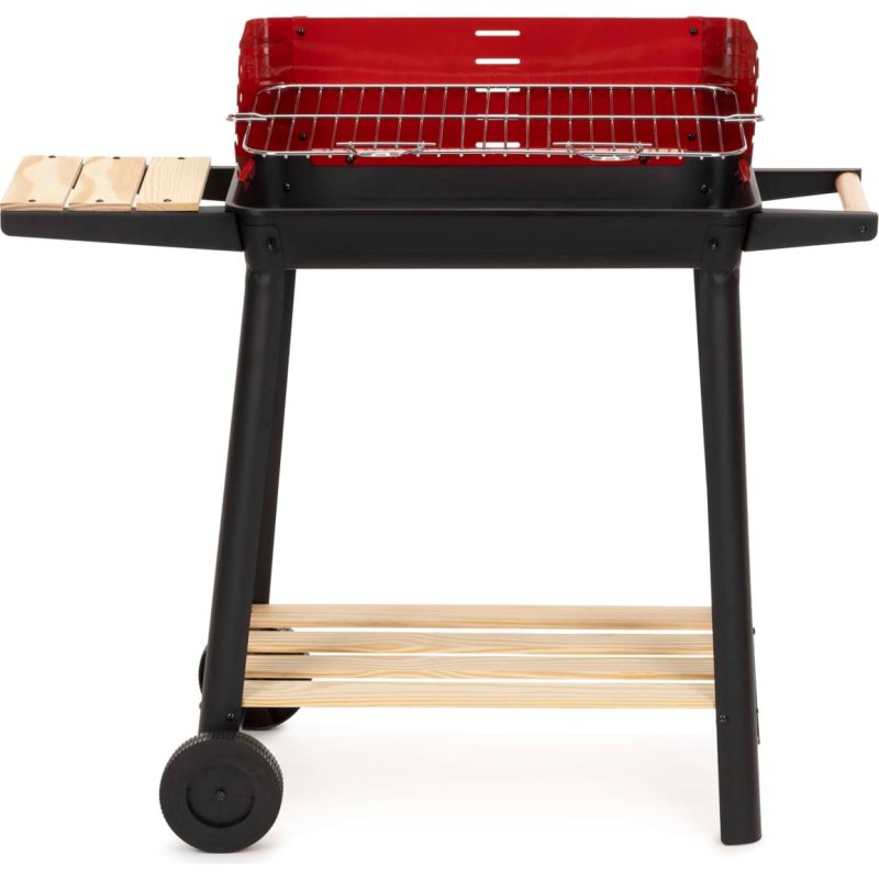 Springos Pārnēsājams ogļu grils ar koka plauktu un riteņiem, 85 cm, melns/sarkans/brūns