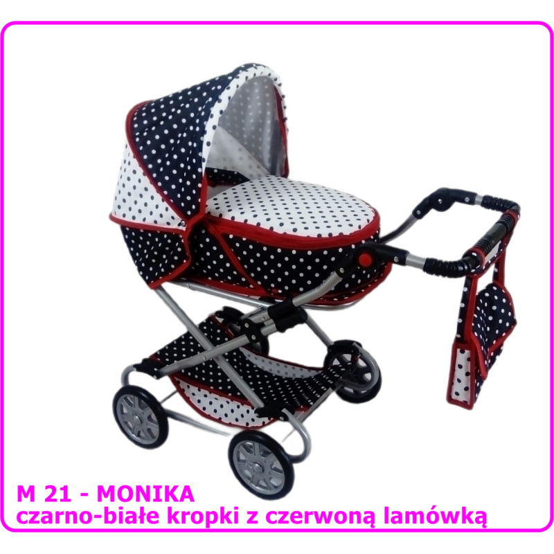 Minikid Wózek dla lalek głęboko-spacerowy MONIKA M21 czarno-białe kropki z czerwoną lamówką