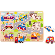 Tooky Toy Drewniane Puzzle Montessori Transport Pojazdy z Pinezkami Do Dopasowania