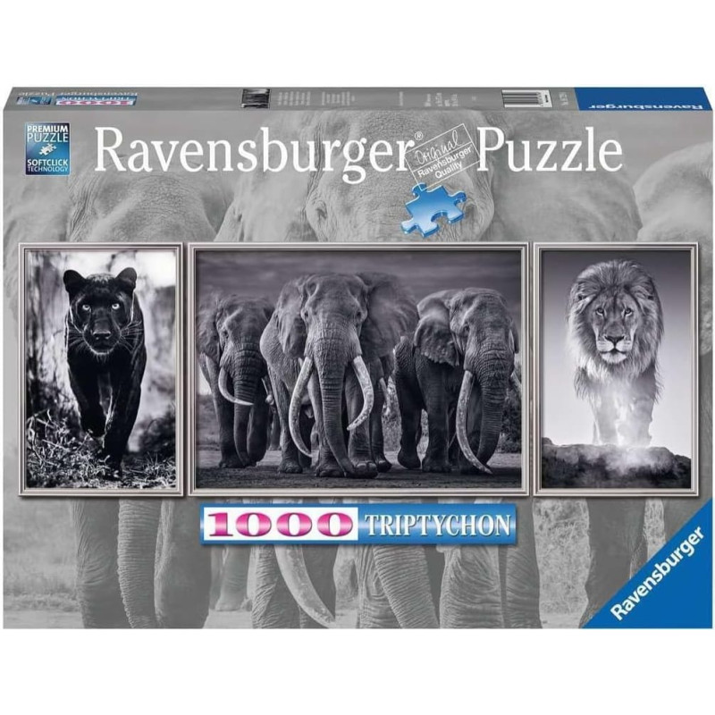 Ravensburger Puzle 1000 Panteras, ziloņi un lauvas