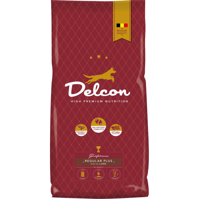 Delcon Barība pieaugušiem suņiem REGULAR PLUS ar jēra gaļu, 12 kg