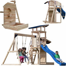 AXI liels koka rotaļu komplekss: šūpoles, slidkalniņš, tornis + smilšu kaste