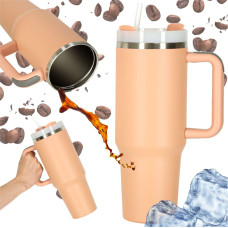 Termiskā krūze ar salmiņu un rokturi termoss 1200ml pulverveida rozā krāsā