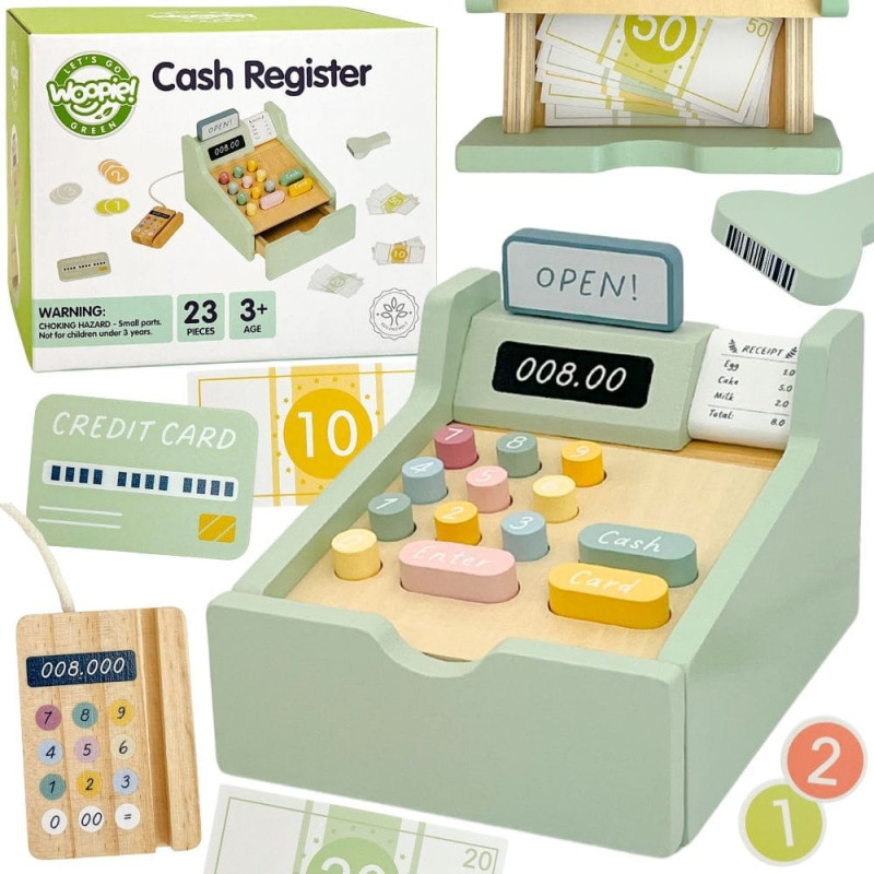 Woopie GREEN Drewniana Kasa Sklepowa Edukacyjna z Akcesoriami 23 el. FSC