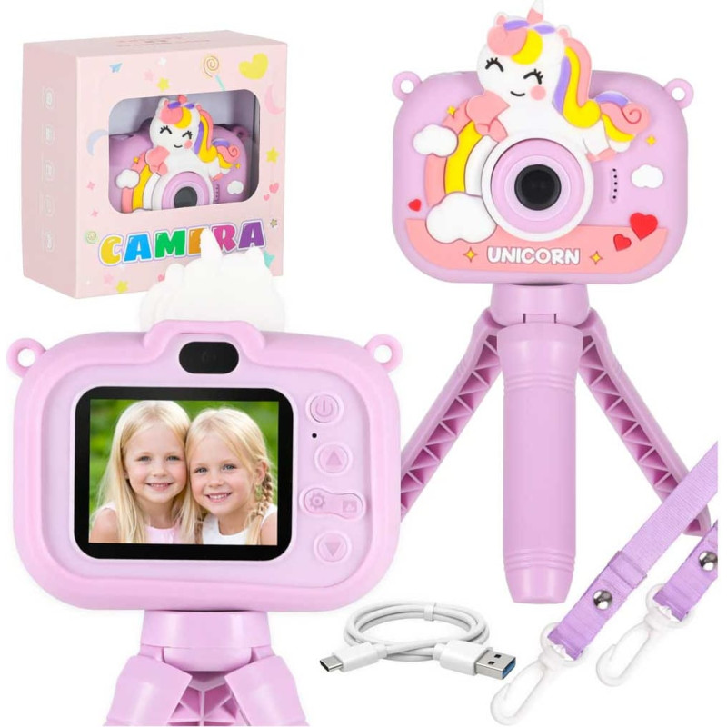 Digitālā kamera bērniem uz statīva vienradzis purpursarkans
