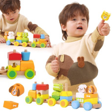 Viga Wooden Stacking Train &ndash; Farm Animals 18M+ 17 pieces