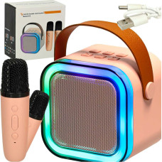 Karaoke komplekts 2 mikrofoni + portatīvais skaļrunis BLUETOOTH USB LED rozā krāsā