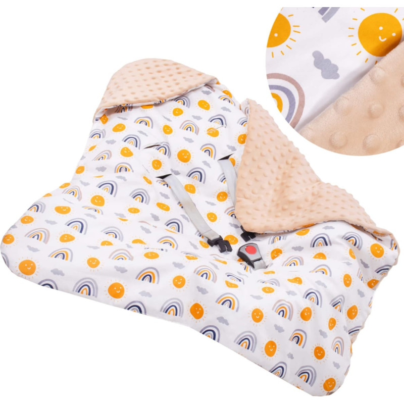 Springos Bērnu sedziņa autokrēsliņam, pārnēsājamai kulbiņai Springos SB0051, 77x77 cm, divpusēja ar kapuci, bēša/daudzkrāsaina