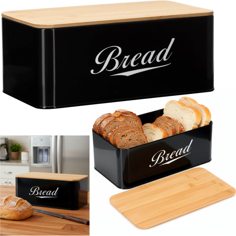 Springos Metāla maizes kaste 33x18x14 cm, slēgta maizes kaste, bambusa dēlis, melna