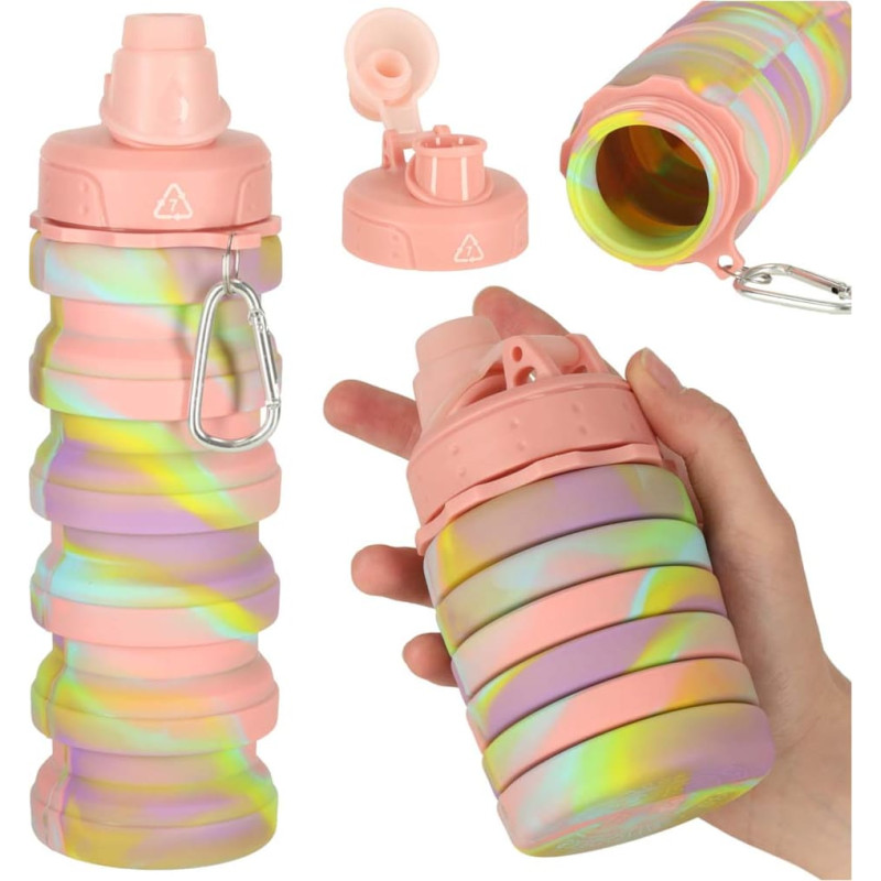 Salokāma silikona sporta pudele ar rokturi, 500 ml, varavīksne