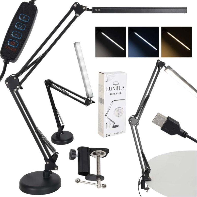 LED galda lampa USB grozāmā roka 2 stiprinājuma metodes