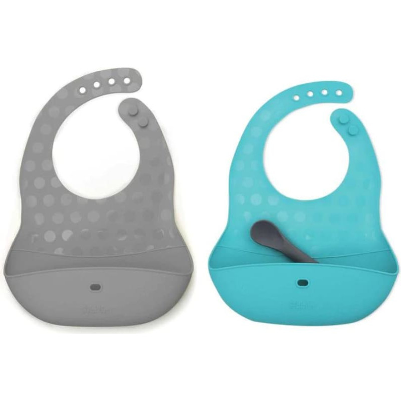 Bbl&uuml;v P&ouml;ket 2 silikona priek&scaron;autiņi ar kabatu + karote, krāsa Aqua/Pelēks