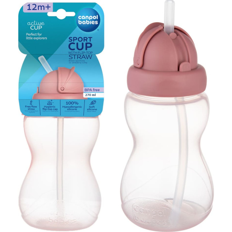Canpol 56/109_pin2 pudelīte ar salokāmu silikona salmiņu 270 ml – rozā