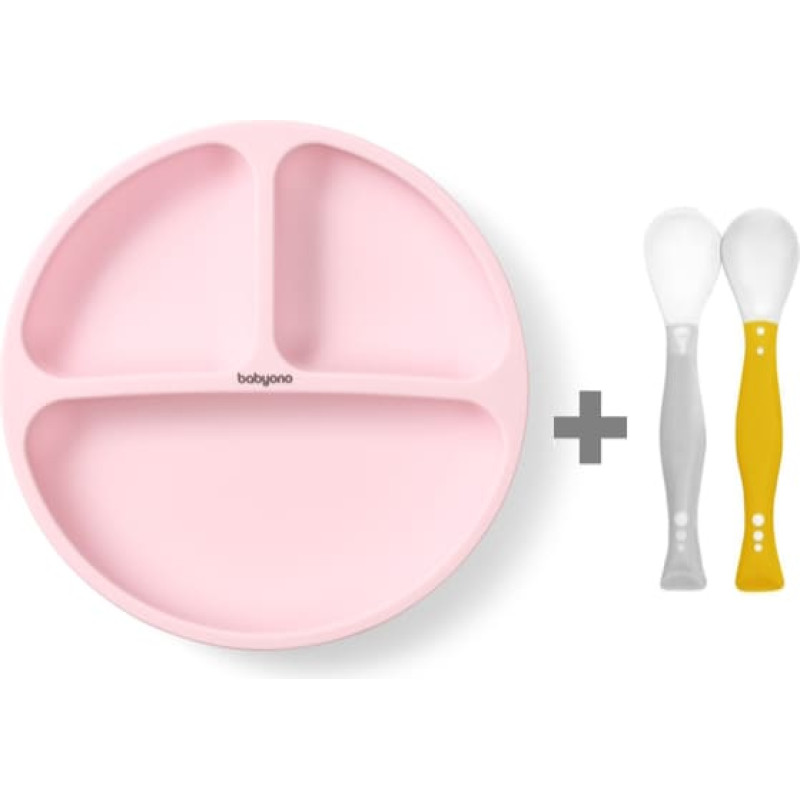 Babyono Silikona šķīvis 1482/02 pink+elastīgas karotes 1066 DĀVANA!