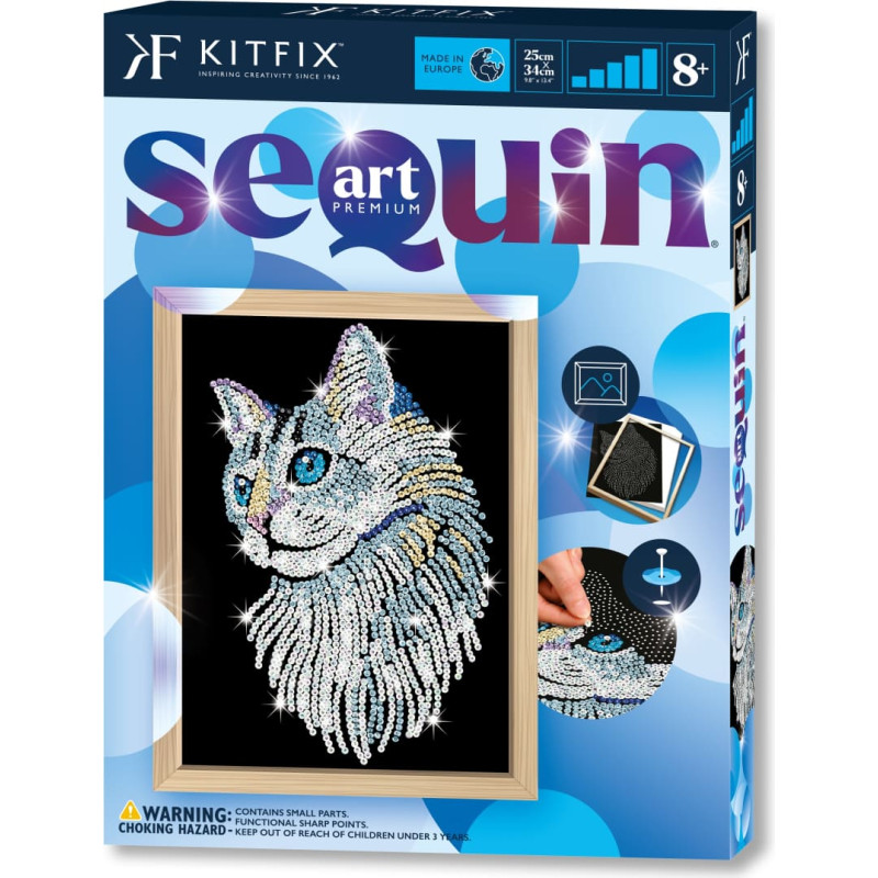 Kitfix Amatniecības komplekts Sequin Art Blue Premium spīdumiņu māksla, Balts kaķis