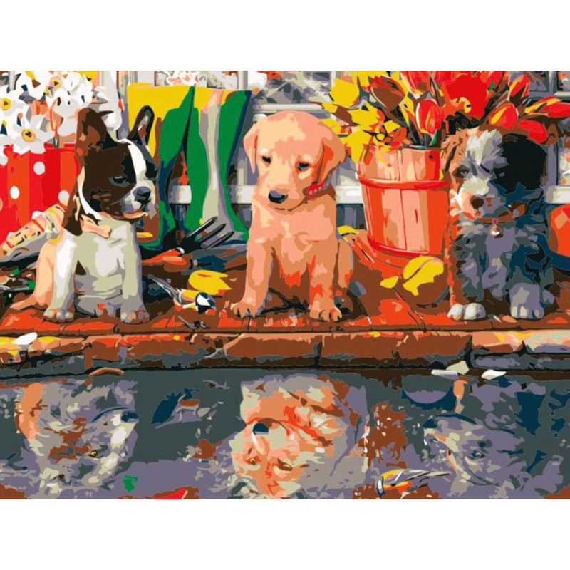 Flamingo Line Painting by the numbers - 51033- PUPPIES - size 40x30 cm