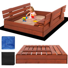 Springos Aizverama smilšu kaste ar soliņiem Springos SBP100SET04 100×100 cm impregnēta koksne, ar geotekstilu un plēvi, brūna