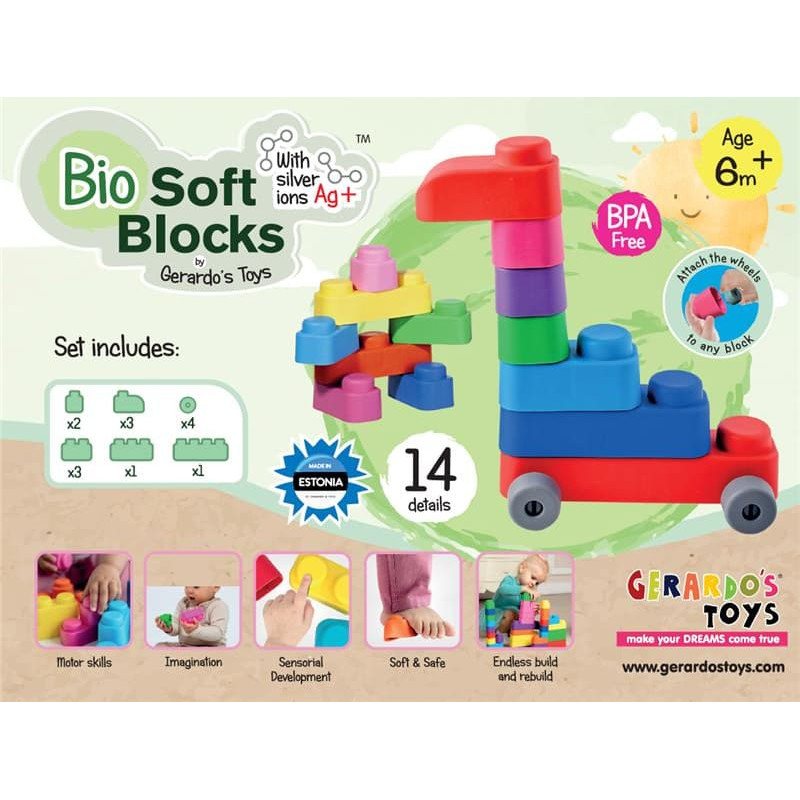 Gerardo's Toys Pehmete klotside komplekt + rattad 14 tk