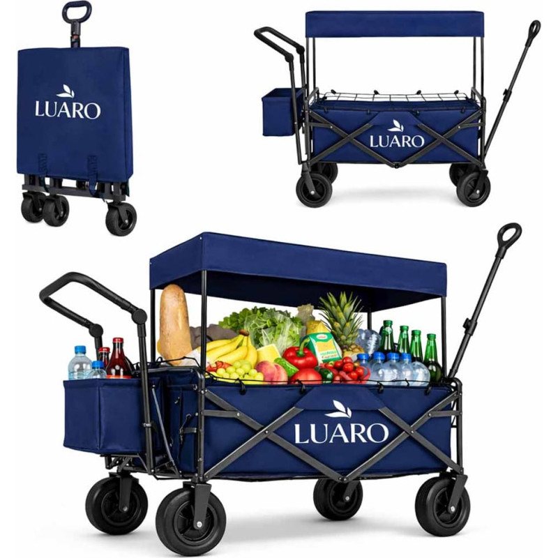 LUARO pludmales transporta ratiņi saliekami ar nojumi un tīklu tumši zili