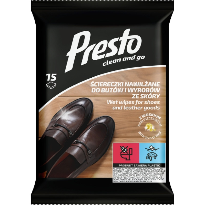 Presto Mitrās salvetes apavu un ādas izstrādājumu tīrīšanai 15 gab.