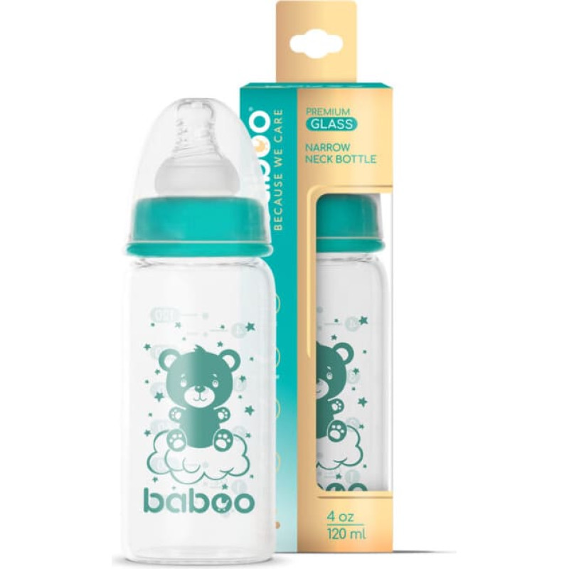Baboo Pretkoliku borosilikāta stikla pudelīte ar &scaron;auru kakliņu 0+ mēne&scaron;iem, 120 ml