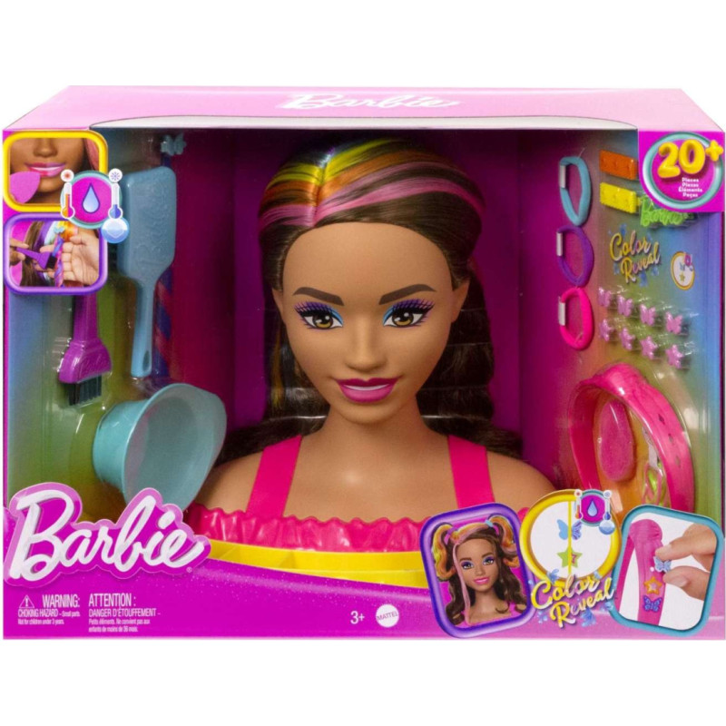 Barbie Totally Hair Styling Doll Head Wavy Brown Neon Rainbow Hair HMD80