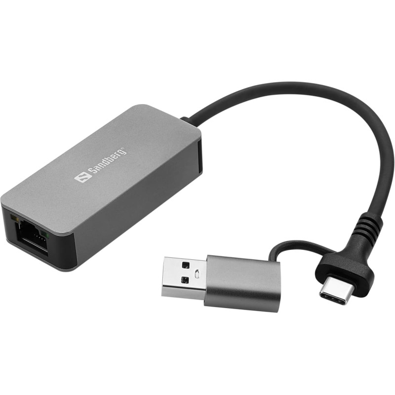 Sandberg 136-68 USB-C/A 2.5 GbE RJ45 Adapter, 2.5 Gigabit Ethernet on USB-C