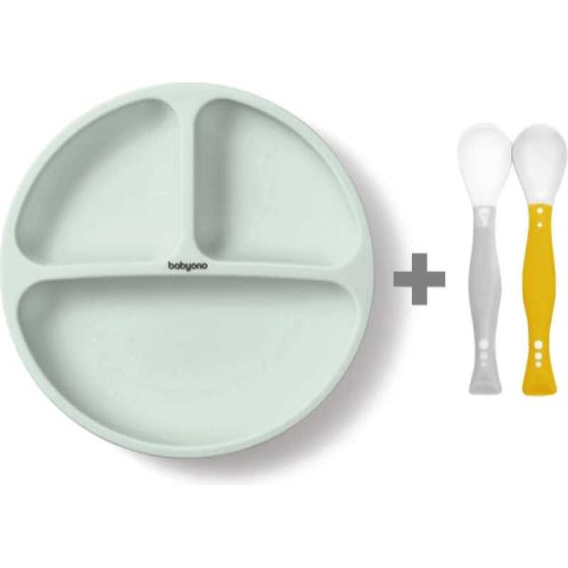 Babyono Silikona &scaron;ķīvis 1482/03 mint + elastīgas karotes 1066 DĀVANĀ!