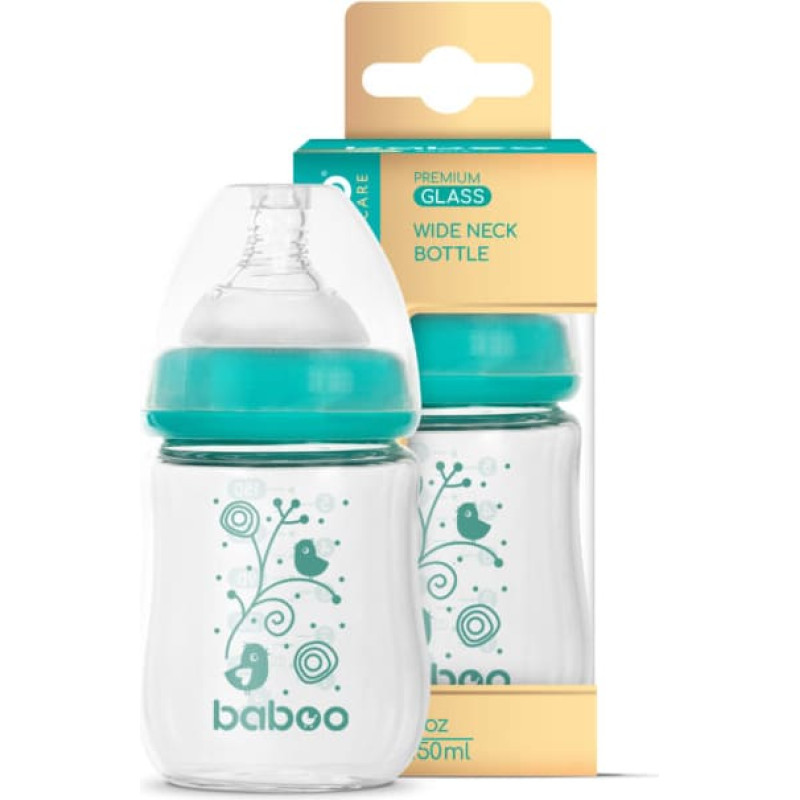 Baboo Pretkoliku borosilikāta stikla pudelīte ar platu kakliņu 0+ mēne&scaron;iem, 150 ml