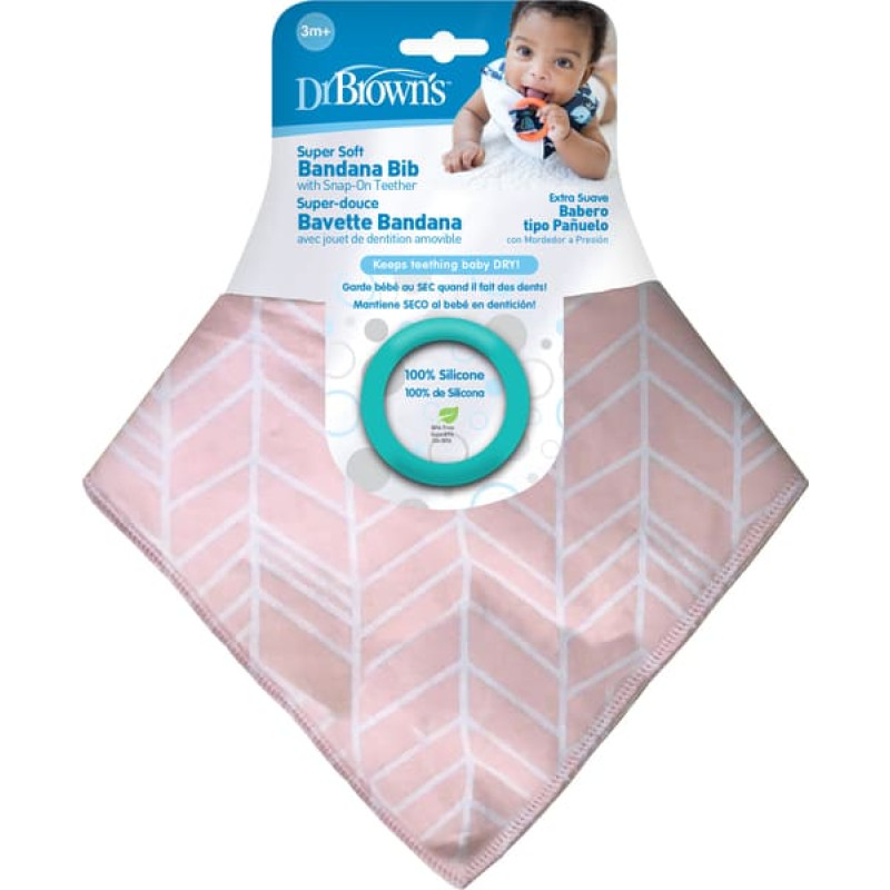 Dr.browns AC127 Bandana Bib w/ Teether, 1-Pack, Herringbone (Pink with Turquoise Teether)