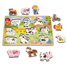 Tooky Toy Drewniane Puzzle Montessori Farma z Pinezkami Do Dopasowania