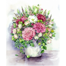 TSVETNOY Dimantu mozaīkas komplekts 40x50cm Bright peonies with green fruits in a white vase, LG025e