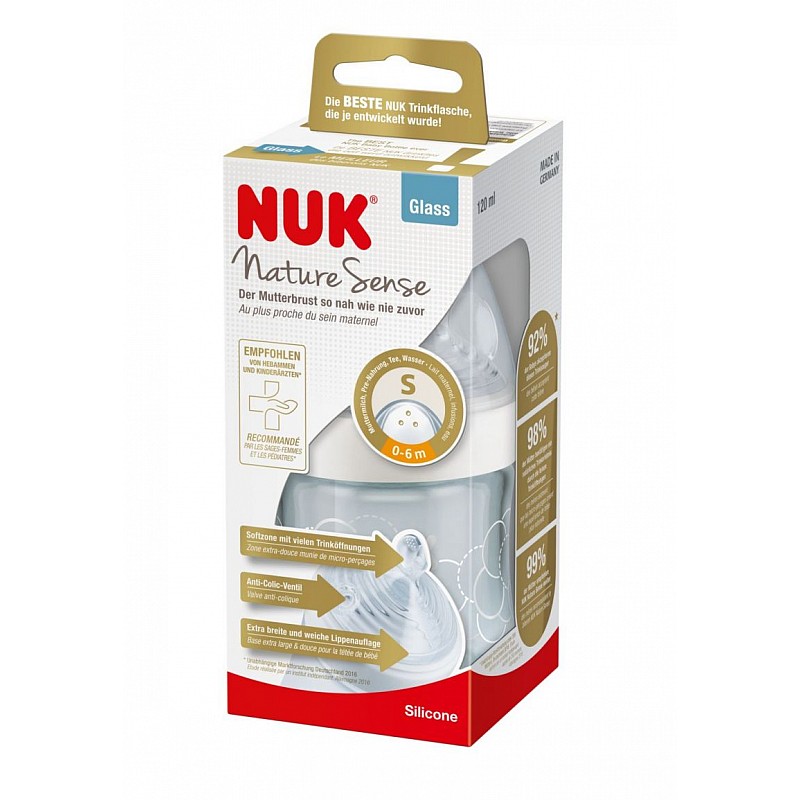 NUK NATURE SENSE stikla pudelīte 120ml ar silikona knupīti 0m+ 10747088, balta IZPĀRDOŠANA