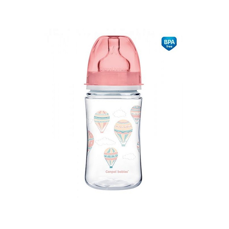 CANPOL BABIES EasyStart IN THE CLOUDS PP antikoliku pudelīte ar platu kaklu 240ml 3m+ 35/225 pink