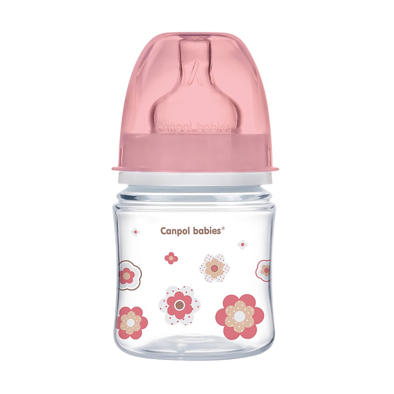 CANPOL BABIES Wide Neck EasyStart Newborn Baby PP pudelīte 120ml ar platu kaklu un silikona knupīti 0m+, 35/216 rozā