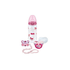 NUK First Choice PP Pirmais komplekts: pudelīte 300ml, silikona knupītis 0-6m, māneklītis, turētājs SL86 10225157 rozā IZPĀRDOŠANA