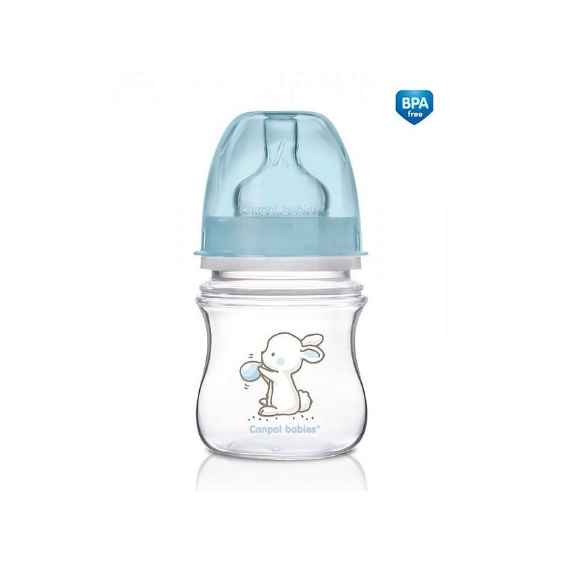 CANPOL BABIES EasyStart Little Cutie PP pudelīte 120ml ar platu kaklu un silikona knupīti 0m+, 35/218 zila