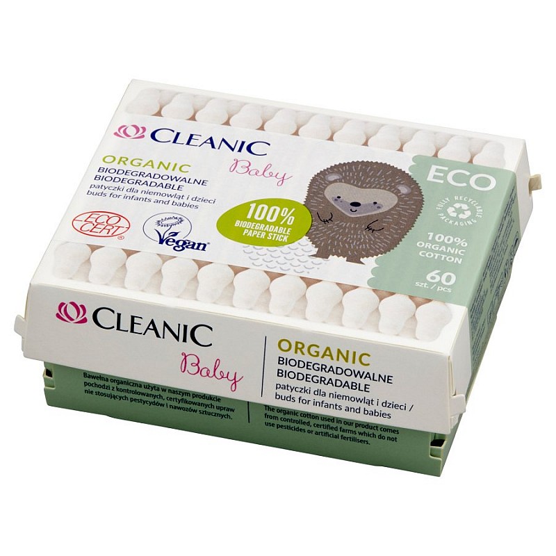 CLEANIC Baby ECO Organic Vates kociņi ierobežojumu 60gab.