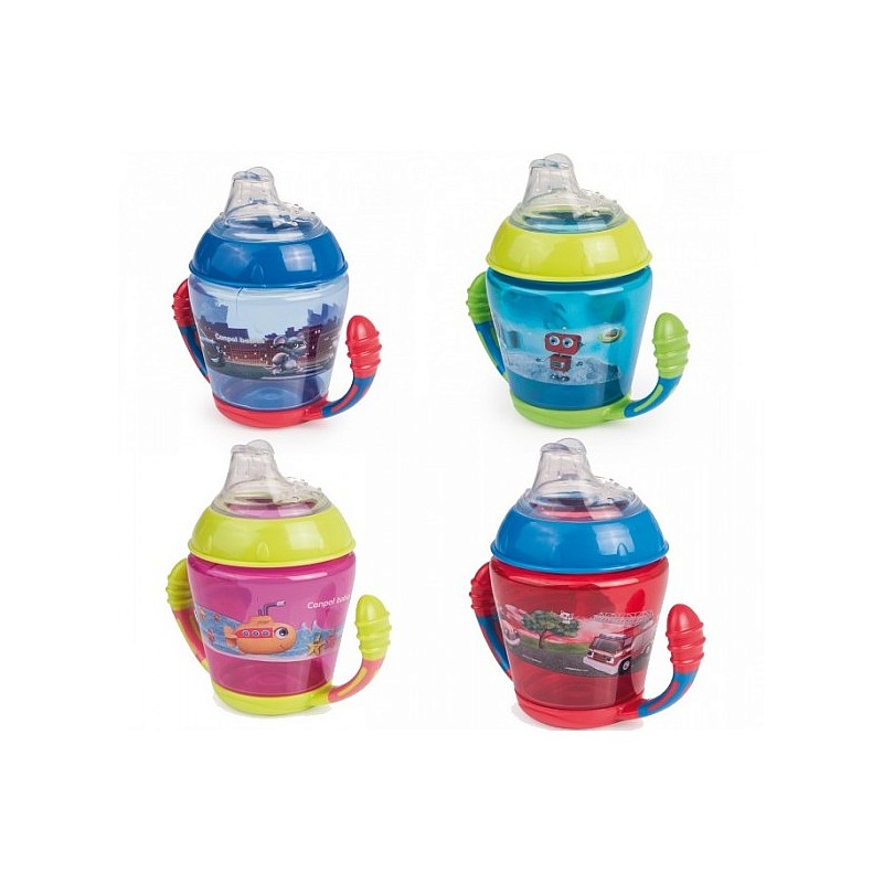 CANPOL BABIES Mācību krūzīte ar silikona snīpīti (non-spill) HAPPY VEHICLES/FOREST FRIENDS 230ml 9m+, 56/502 IZPĀRDOŠANA