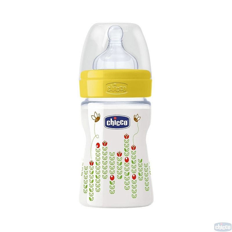 CHICCO WELLBEING plastmasas pudele ar silikona knupīti 0m+ 150ml dzeltens 20611.30 IZPĀRDOŠANA