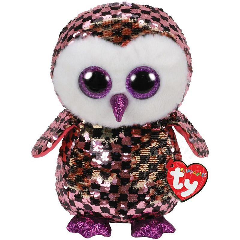 TY Flippables Mīkstā rotaļlieta CHECKS SEQUIN PINK BLACK OWL reg 24cm, TY36785 IZPĀRDOŠANA