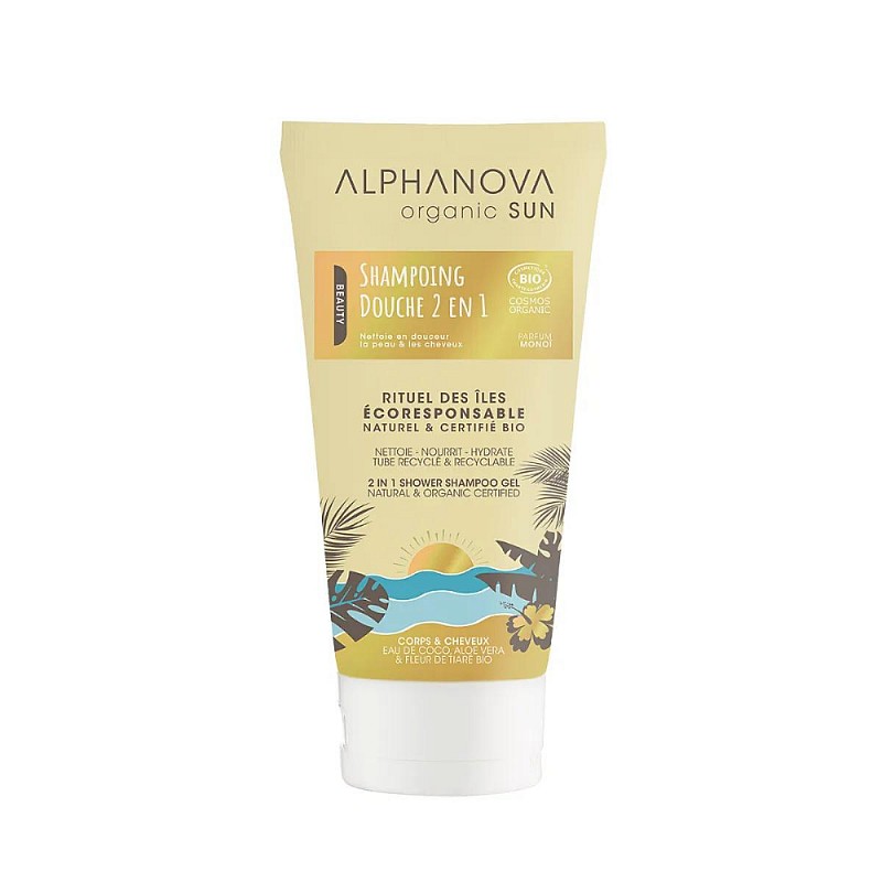 ALPHANOVA SUN 2in1 pēc iedeguma monoi aromātisks matu un ķermeņa kopšanas šampūns-dušas želeja, 150 ml ASUNBSD