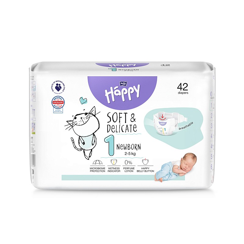 HAPPY NEWBORN autiņbiksītes 1. izmērs (2-5 kg), 42 gab. BB-054-NB42-W01